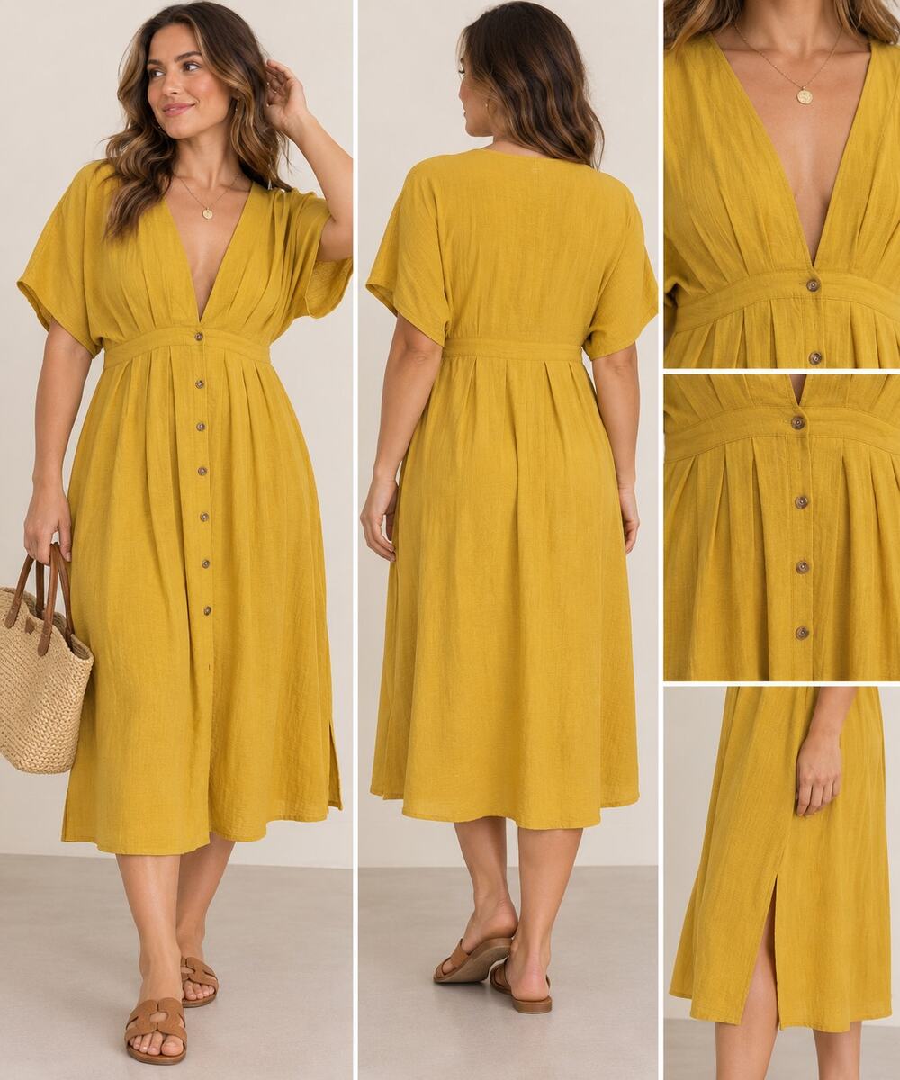 Lost + Wander Mustard Yellow Midi Dress Size L Button Front Boho